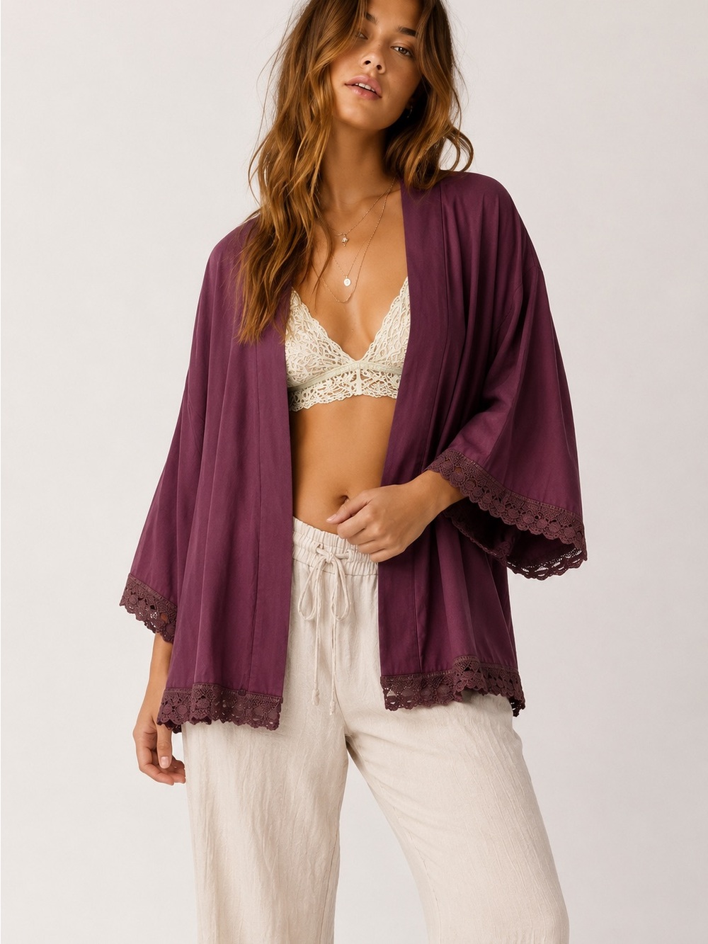 Free People Kimono Robe with Laced-Trim